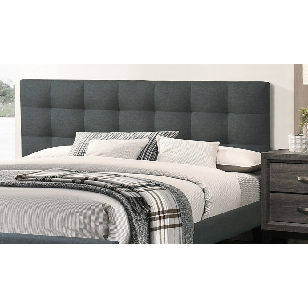 Queen Size Upholstered Platform Bed | Square Tufted Linen-Like Polyfiber Headboard | Particle Board & Rubberwood Frame | Footboard Included | No Box Spring Needed | Charcoal / Gray