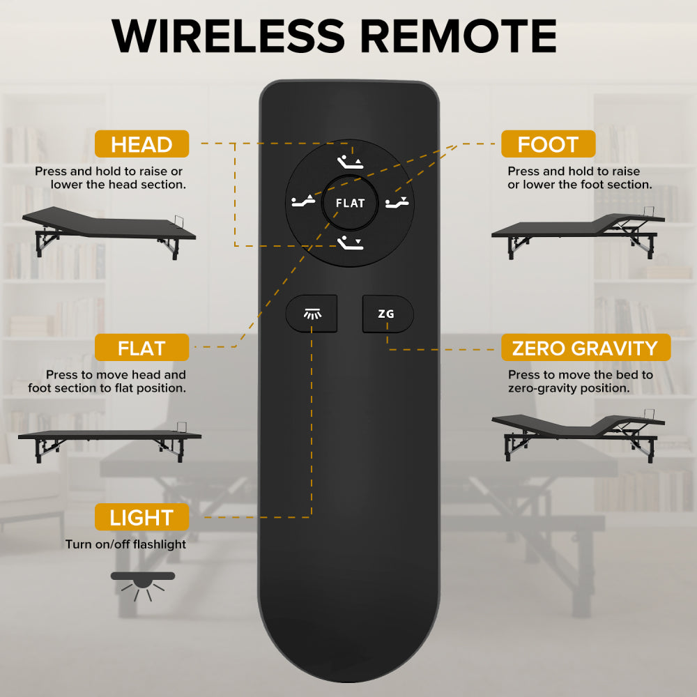 Queen Size Adjustable Bed Base | 0-61° Head & 0-37° Foot Incline | Wireless Remote | Zero Gravity & Anti-Snore | 4 USB Ports & Under-Bed Nightlights | Quiet Motor ≤90db | Black