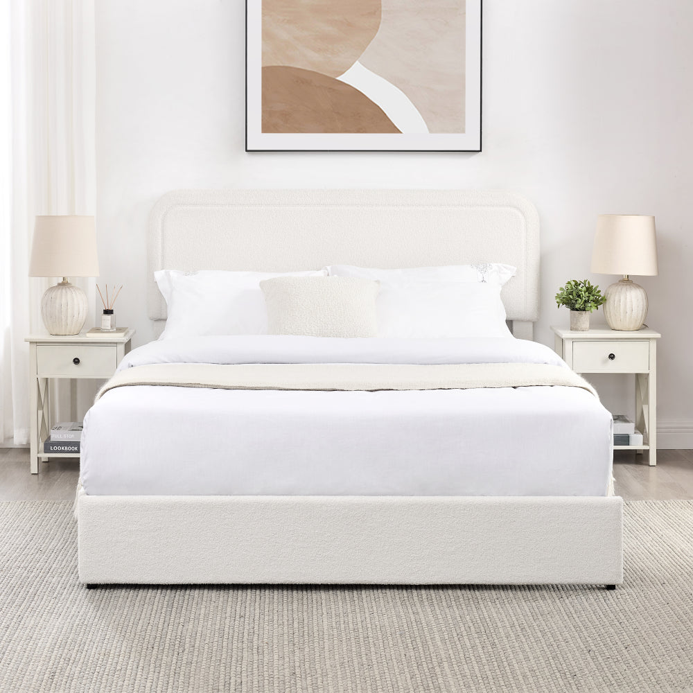 Queen Platform Storage Bed with 4 Built-In Drawers | Curved Tufted Boucle Headboard | Powder-Coated Metal Frame | 1000 lbs Capacity | Wooden Slats | Ivory