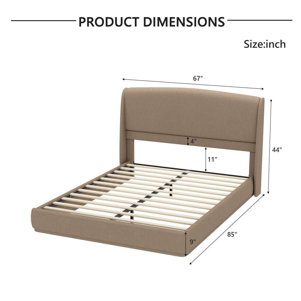 Queen Size Linen Upholstered Platform Bed | Curved Wingback Headboard | Fully Upholstered Frame | Solid Wood & Reinforced Slats | No Box Spring Needed | Easy Assembly | Beige / Brown