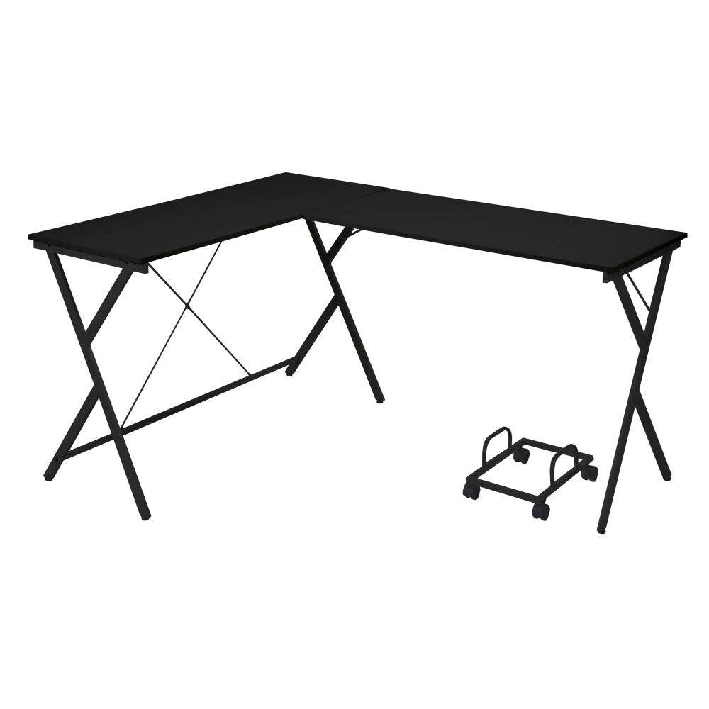 62.5" L-Shaped Computer Desk with CPU Holder | Corner Home Office Desk | Two Spacious Surfaces | X-Shape Metal Frame Base | 4-Wheel Rolling CPU Stand | Small Space, Home Office, Bedroom | Black/White