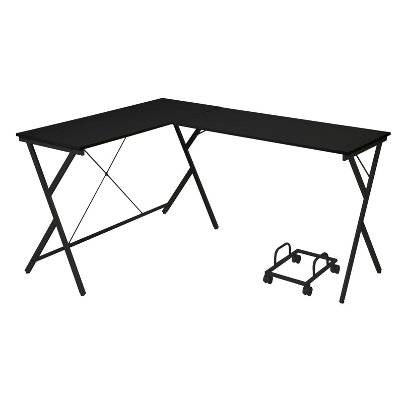 62.5" L-Shaped Computer Desk with CPU Holder | Corner Home Office Desk | Two Spacious Surfaces | X-Shape Metal Frame Base | 4-Wheel Rolling CPU Stand | Small Space, Home Office, Bedroom | Black/White