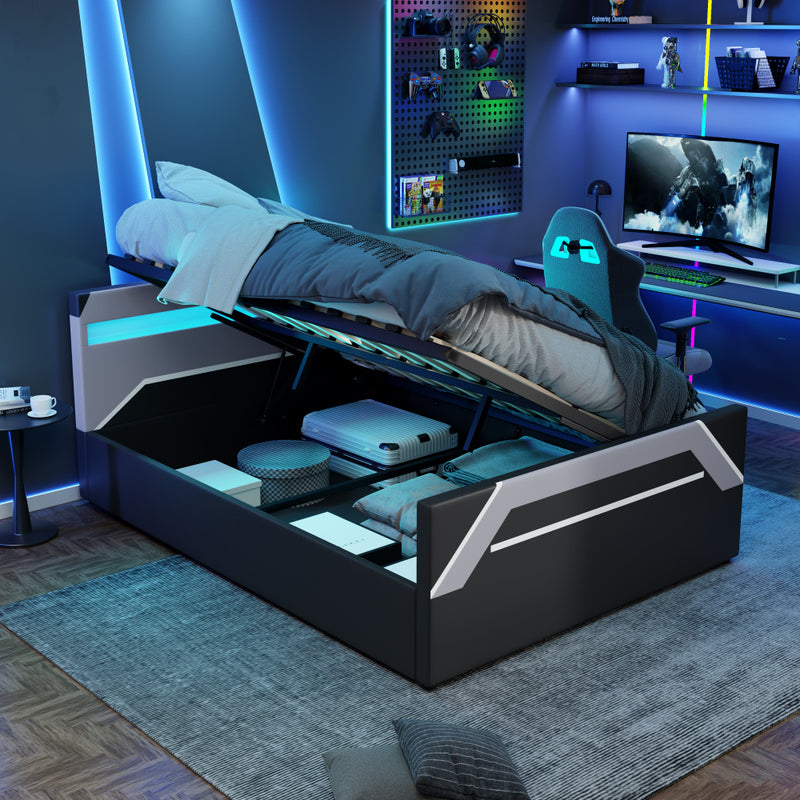 Queen Size Gaming Platform Bed | 7-Color LED Headboard Lighting | Side-Lift Hydraulic Storage | 660 lbs | Geometric Cyberpunk Design | No Box Spring Needed | Black+Gray / Black+Purple / Black+Red