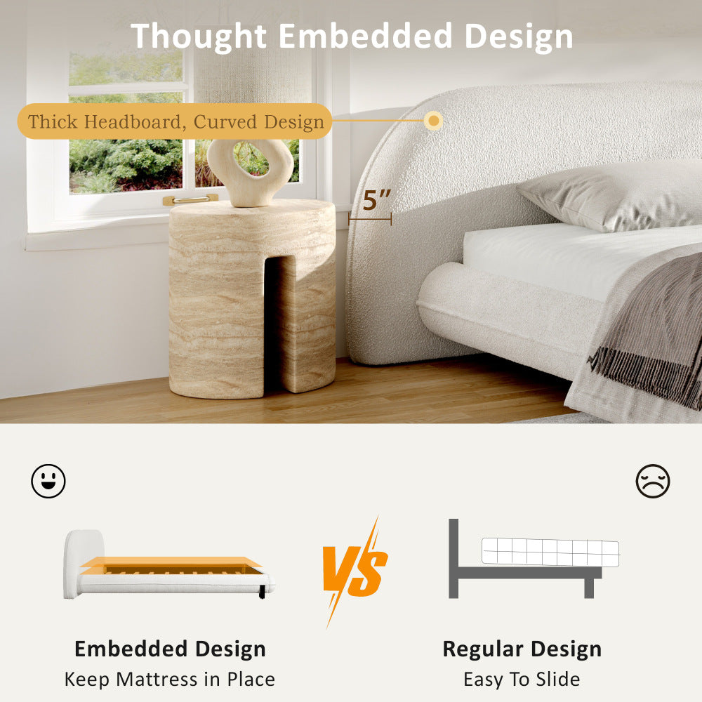 Queen/King Size Boucle Upholstered Platform Bed | Thick Curved Headboard | Solid Wood Center Legs & Dual Steel Outer Legs | 500 lbs | Embedded Structure | No Box Spring Needed | White