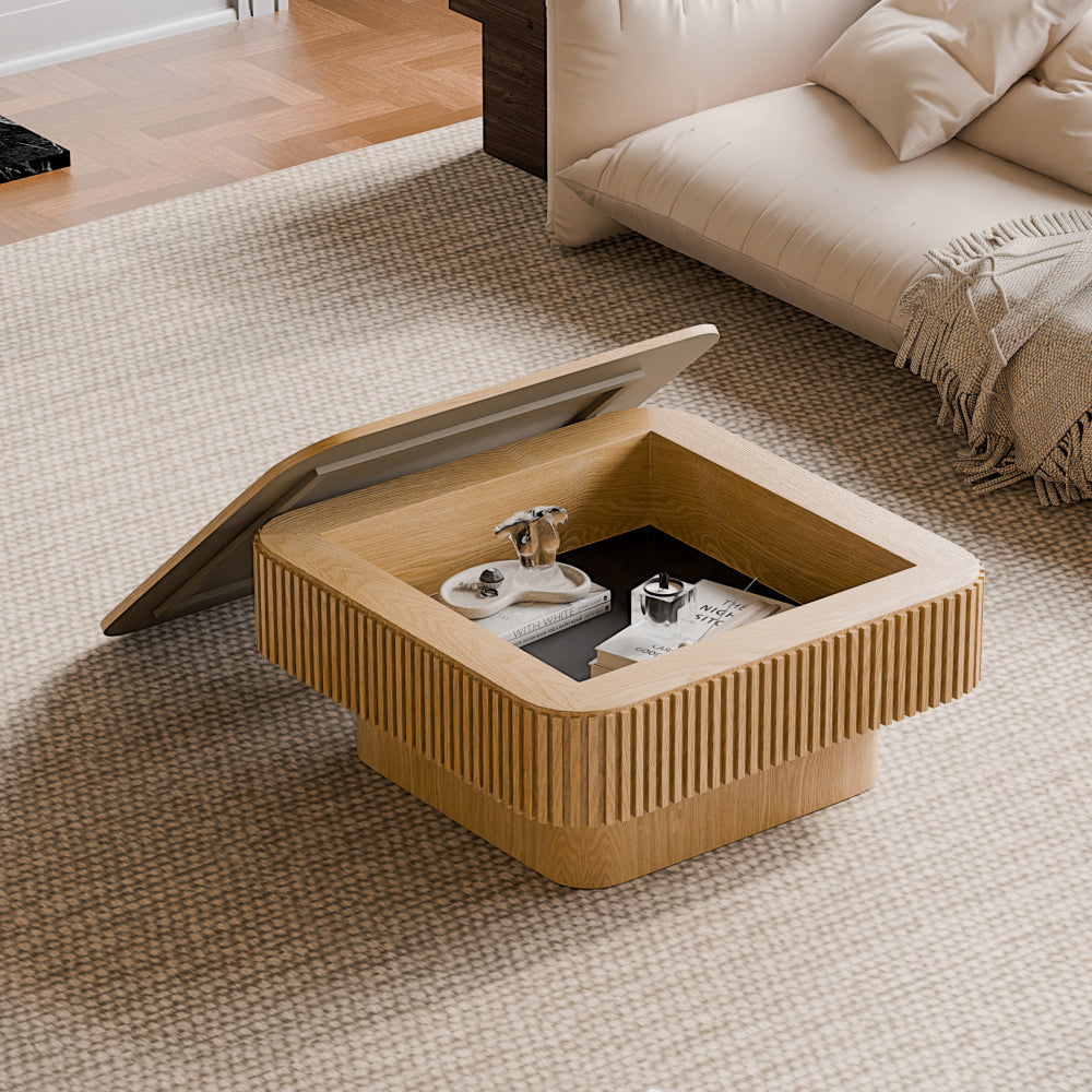 31.5" Square Coffee Table with Hidden Storage | Solid Wood Veneer + MDF | Lacquered Surface | Sleek Modern Silhouette | Easy Assembly | 200 lbs Top Capacity | Living Room, Bedroom, Office | Natural Wood/Walnut/Black