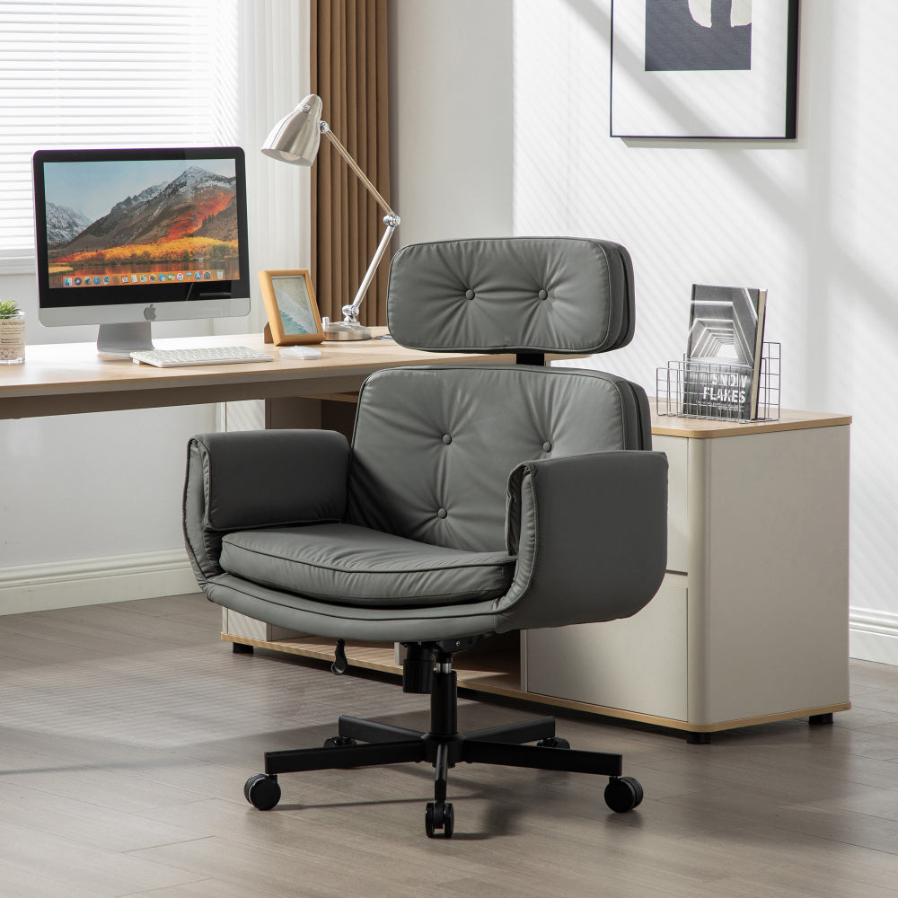 Criss Cross Wide-Seat Lounge Office Chair | 6-Gear Adjustable Armrests | Removable Headrest | Gentle Rocking + 360° Swivel | Pet-Friendly PU/Boucle Upholstery | Cross-Legged Sitting | Home Office, Gaming, Makeup, Conference | Gray/Ivory/Brown