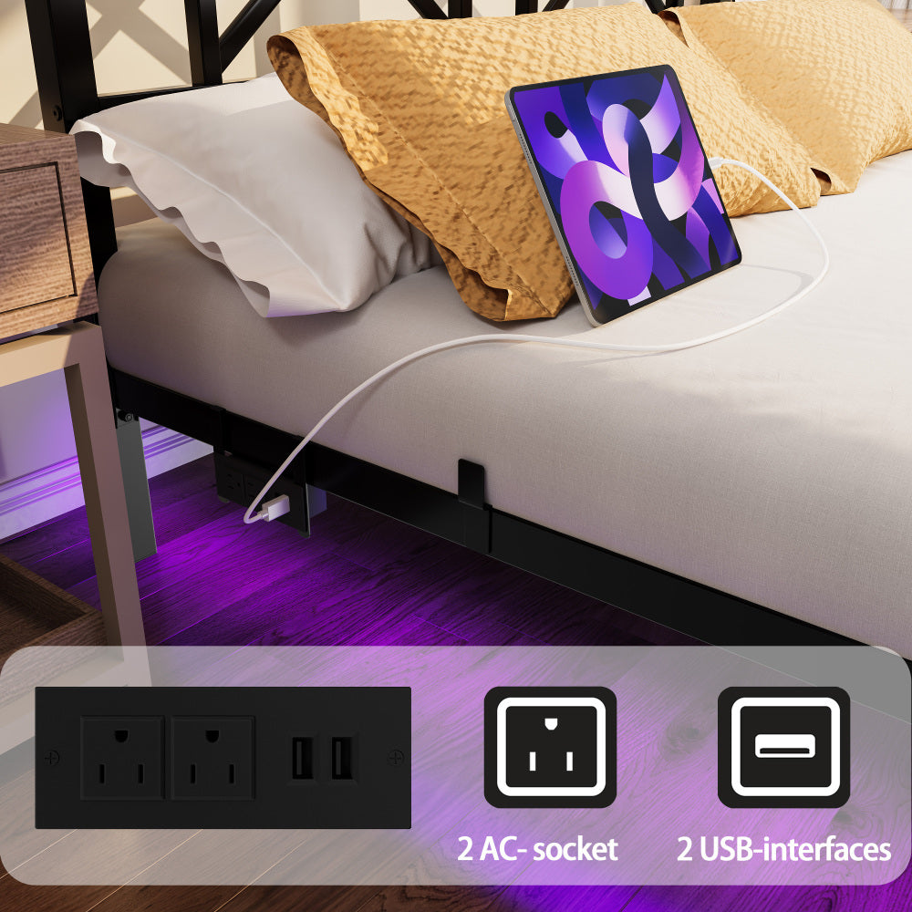 Full/Queen Size Floating Metal Platform Bed | Storage Headboard 2 AC + 2 USB Charging | RGB LED 2000+ Colors App & Music Sync | 4 Power Sockets | 450 lbs Heavy Duty Steel Slats | No Box Spring | Black
