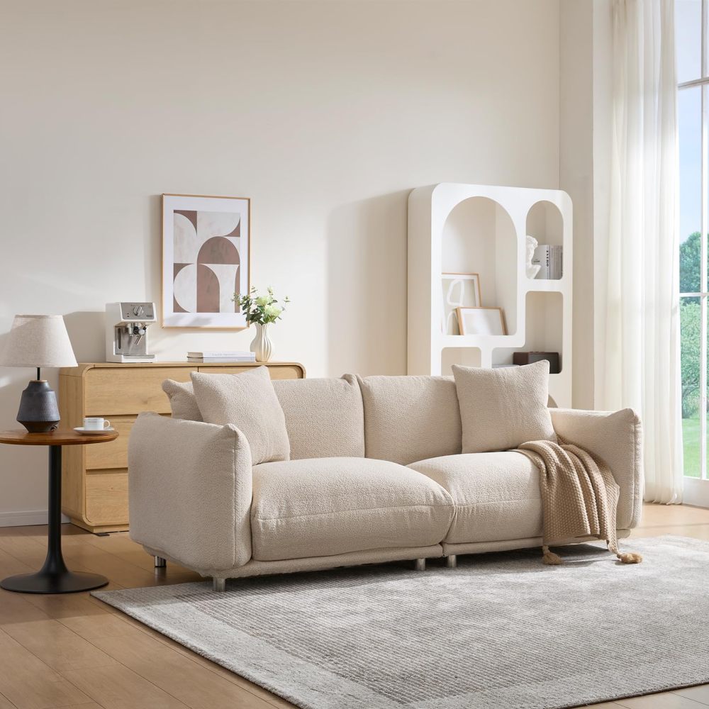 87.4" Sherpa Cloud 3-Seater Loveseat Sofa | Precision-Tailored Stitching | High-Density Foam Fill | Solid Hardwood Frame with Reinforced Joints | Stain-Resistant Velvet | 2 Pillows Included | White / Beige
