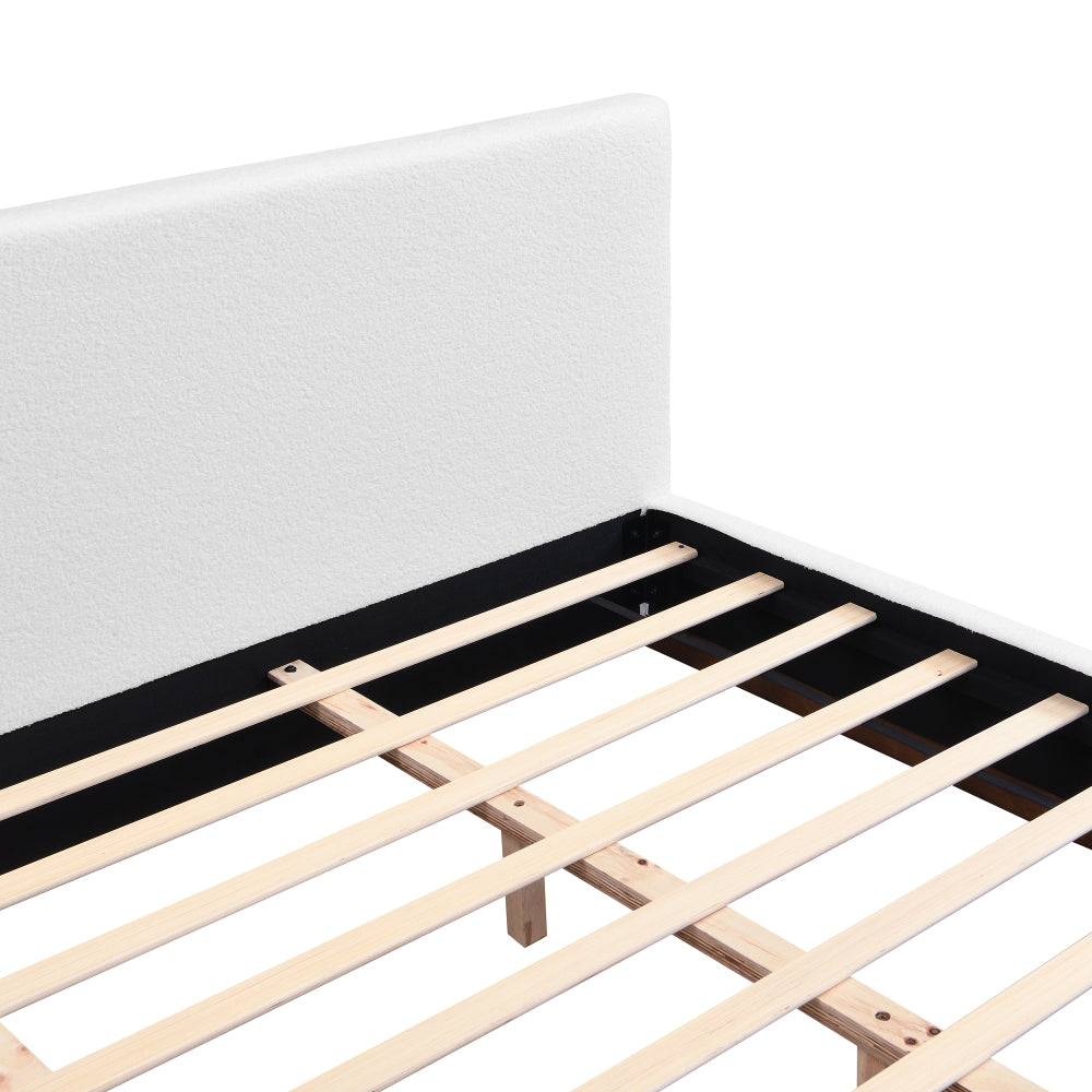 Queen/King Size White Boucle Upholstered Platform Bed | Wood Grain Textured Brown Solid Wood Base | 11 Slats + 4 Legs | 800 lbs | No Box Spring Needed | 2-Person Easy Assembly | White
