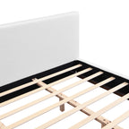 Queen/King Size White Boucle Upholstered Platform Bed | Wood Grain Textured Brown Solid Wood Base | 11 Slats + 4 Legs | 800 lbs | No Box Spring Needed | 2-Person Easy Assembly | White