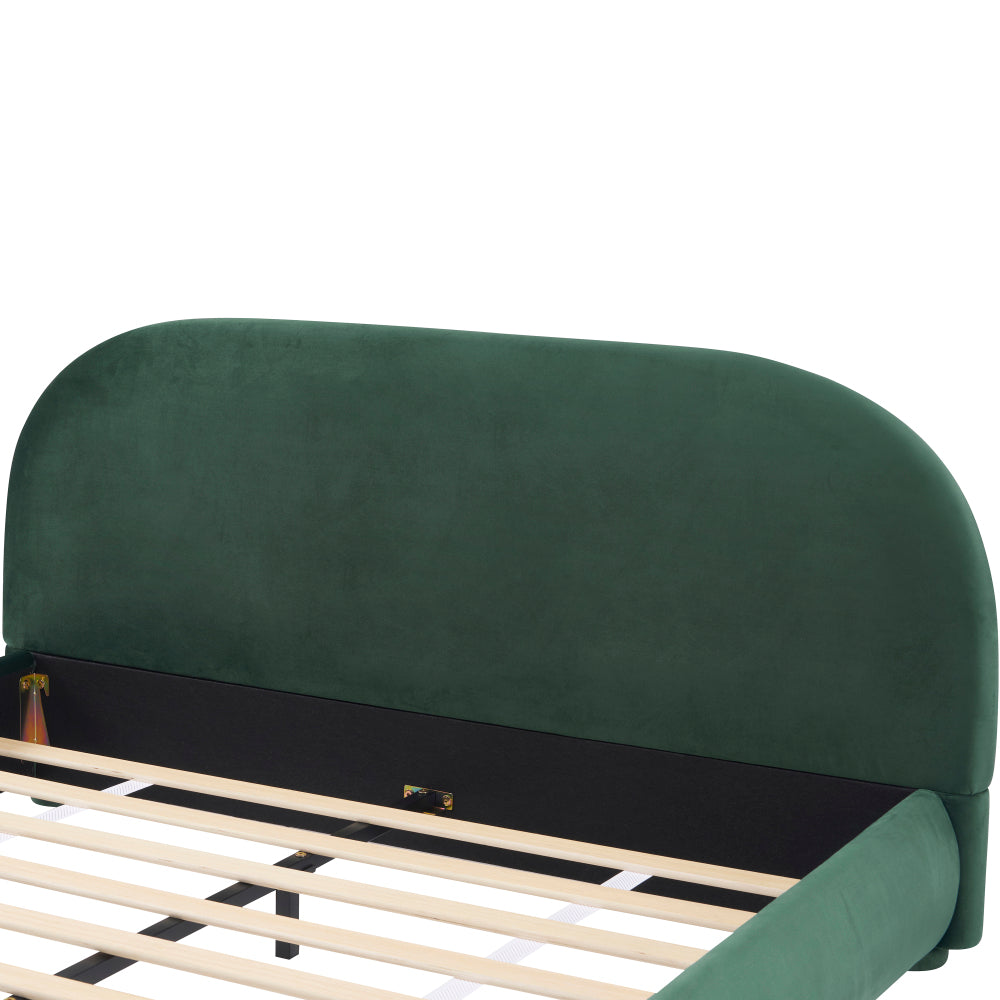 Queen/King Size Boucle Upholstered Platform Bed | Curved Ergonomic Headboard | Granular Fabric Texture | 800 lbs Heavy Duty | No Box Spring Needed | 40-Min Assembly | Cream / Green