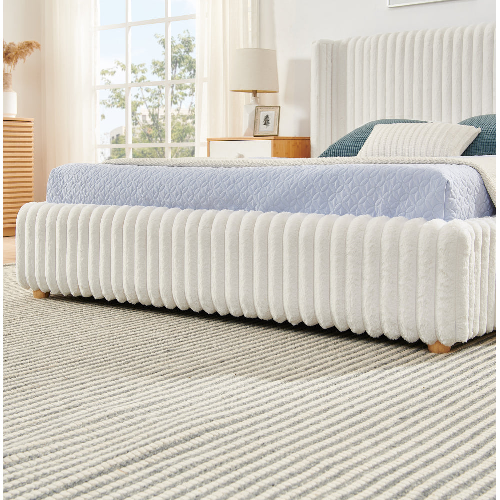 Queen/King Size Gas Lift Storage Bed | Vertical Striped Rabbit Fur Upholstered | Hydraulic Under-Bed Storage | 500 lbs | Eucalyptus Wood Frame | Silent Mechanism | Easy Assembly | Beige