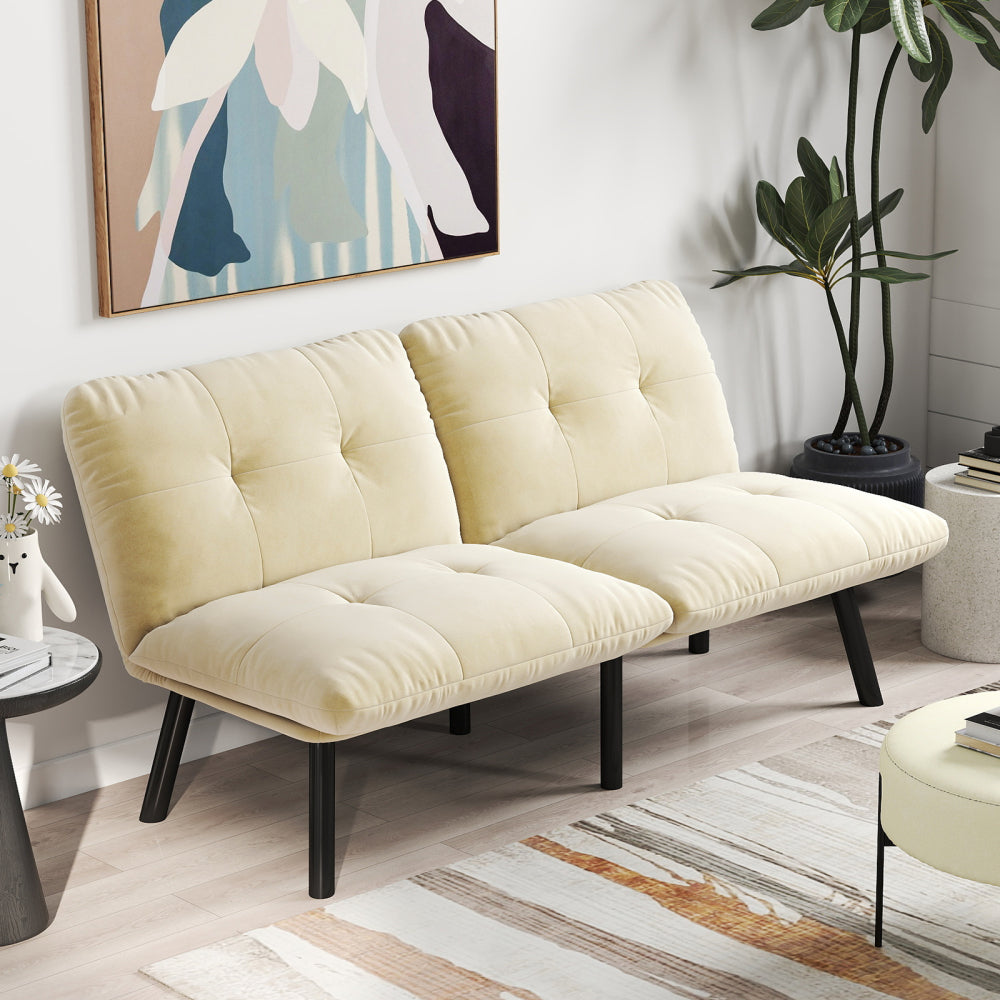 63" Convertible Folding Sofa Bed | 2-Seat Velvet Upholstered Couch | Adjustable Multi-Angle Backrest | Sofa, Lounger & Twin Bed | Metal Frame | 800 lbs Capacity | Easy Assembly | Living Room, Apartment | Cream/Aqua Gray/Brown