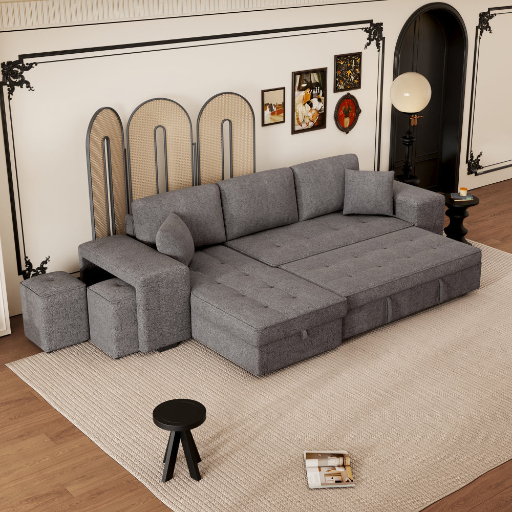 104.5" Modern L-Shape 3 Seat Reversible Sectional Couch, Pull Out Sleeper Sofa with Storage Chaise and 2 Stools for Living Room Furniture Set,Knox Charcoal (old sku:SG000431AAA)