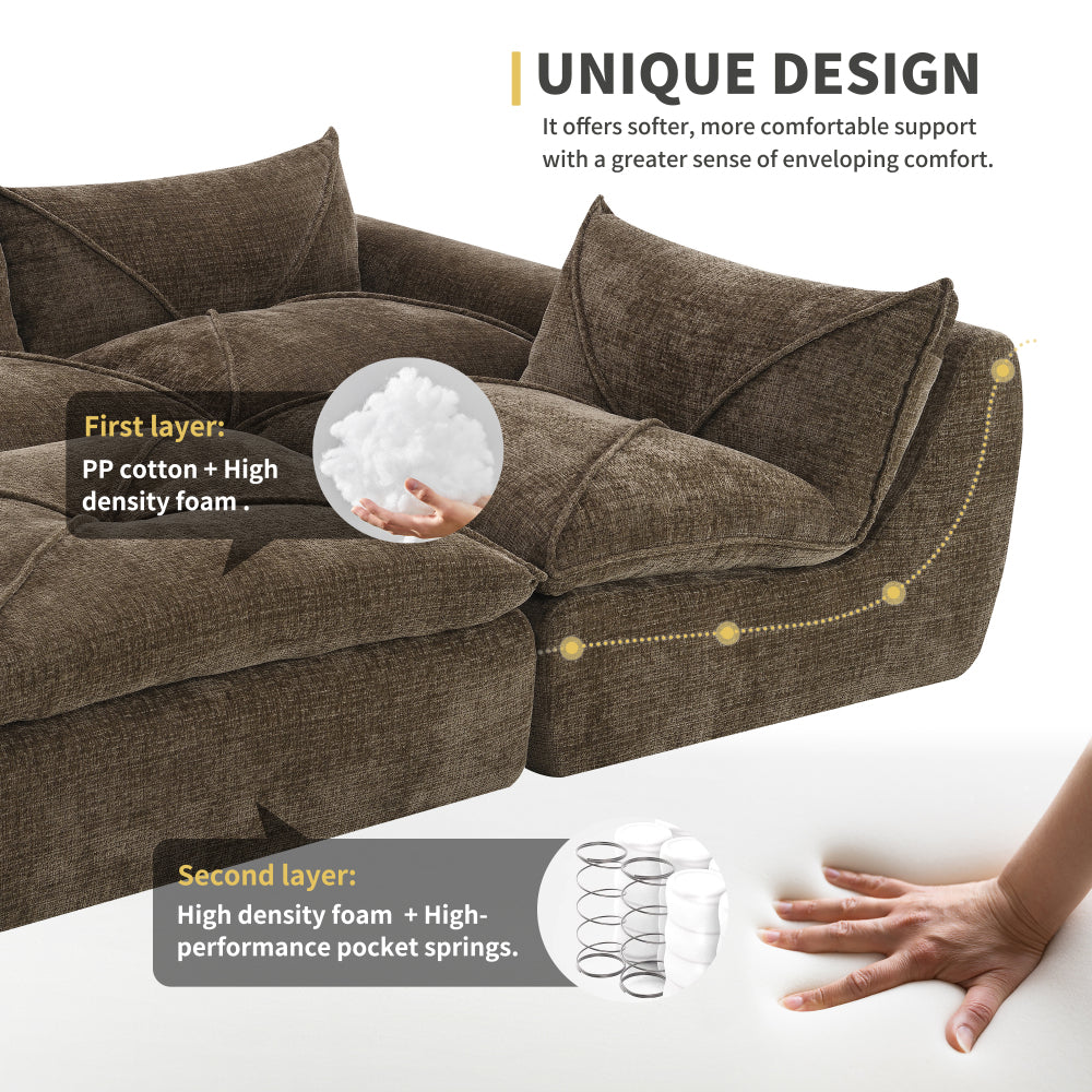 116" Fully Compressed 4-Seat Chenille Sectional Sofa | Integrated Backrest & Seat Cushion | Free Movement Ottoman | Decorative Edging | Legless Low-Profile Design | No Assembly Required | Living Room, Apartment | Brown/White/Green/Orange