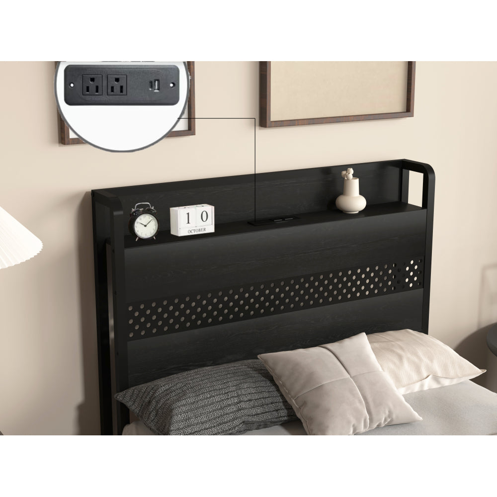 Twin/Full/Queen Size Metal Platform Bed with 4 Storage Drawers | Headboard Charging Station 2 Outlets & 2 USB | 16 RGB LED Lights 60000+ Colors | Heavy Duty Steel Slats | No Box Spring Needed | Black