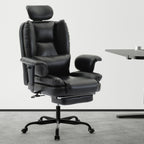 Ergonomic High-Back PU Leather Office Chair | 440 lbs Capacity | Liftable Headrest + Retractable Footrest | Double-Layer Spring Sponge + Memory Foam | Height-Adjustable Armrests | Lumbar Support | Computer, Executive Chair | Beige/Black