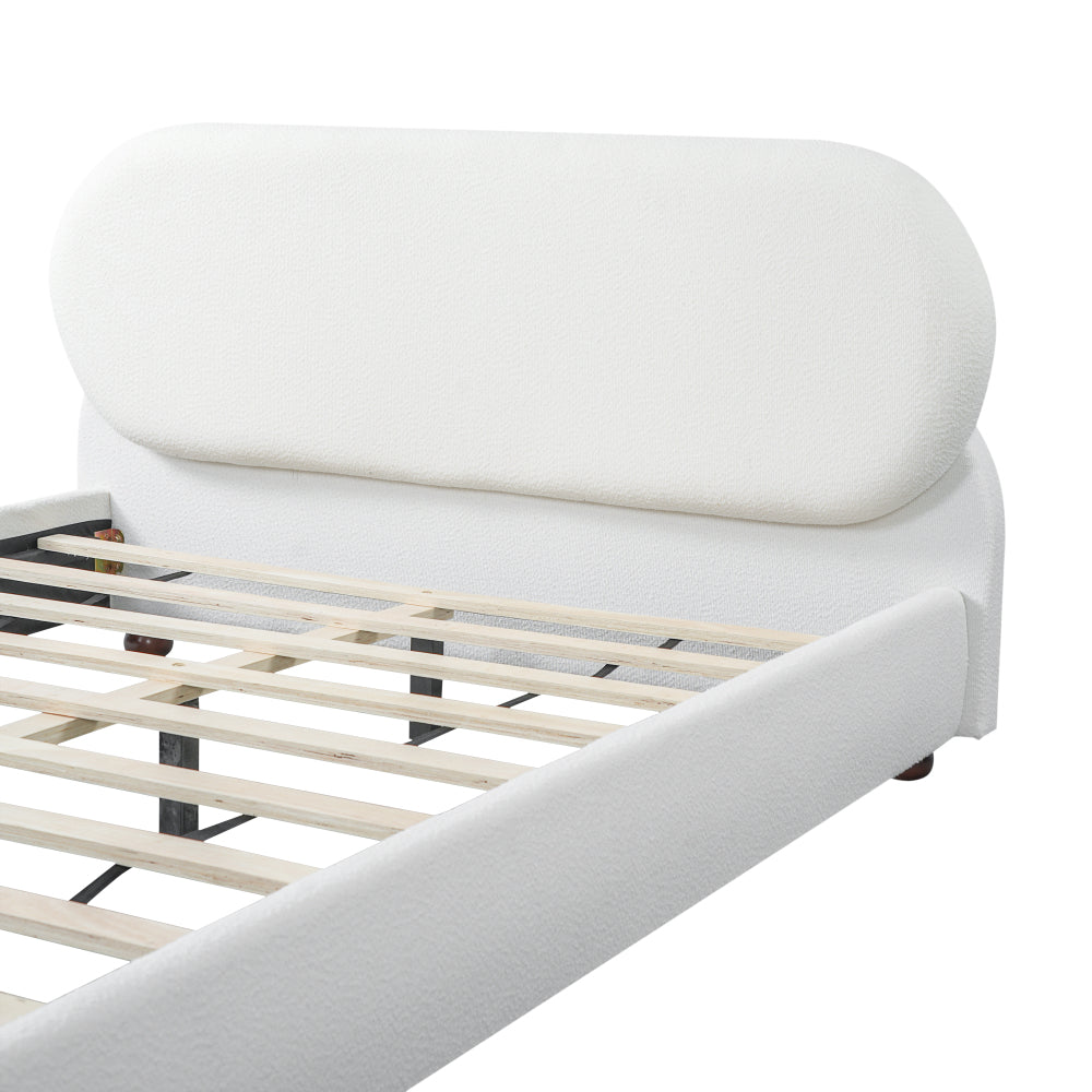 Queen/King Size Cream Boucle Upholstered Platform Bed | Smooth Curved Design | Gourd-Shaped Rubberwood Legs | 800 lbs Heavy Duty | No Box Spring Needed | 30-40 Min Assembly | White/Cream