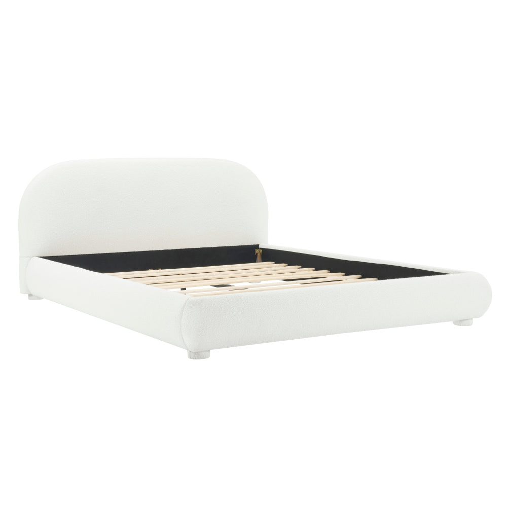 Queen/King Size Boucle Upholstered Platform Bed | Curved Ergonomic Headboard | Granular Fabric Texture | 800 lbs Heavy Duty | No Box Spring Needed | 40-Min Assembly | Cream / Green