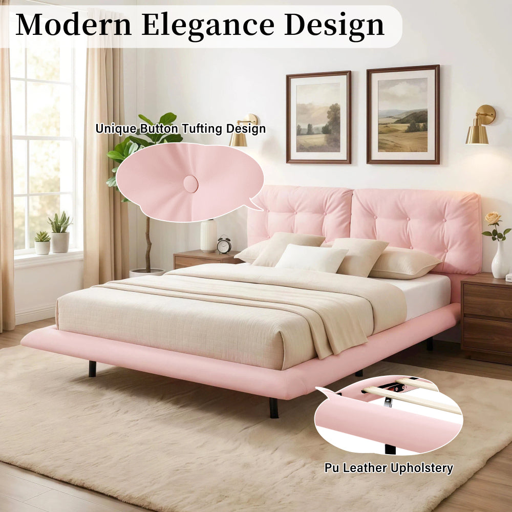 Queen Size PU Leather Floating Platform Bed | Button Tufted Segmented Headboard | Remote-Controlled LED Light Strip 6 Colors | 800 lbs | Hidden Leg Design | No Box Spring Needed | Pink / White / Khaki