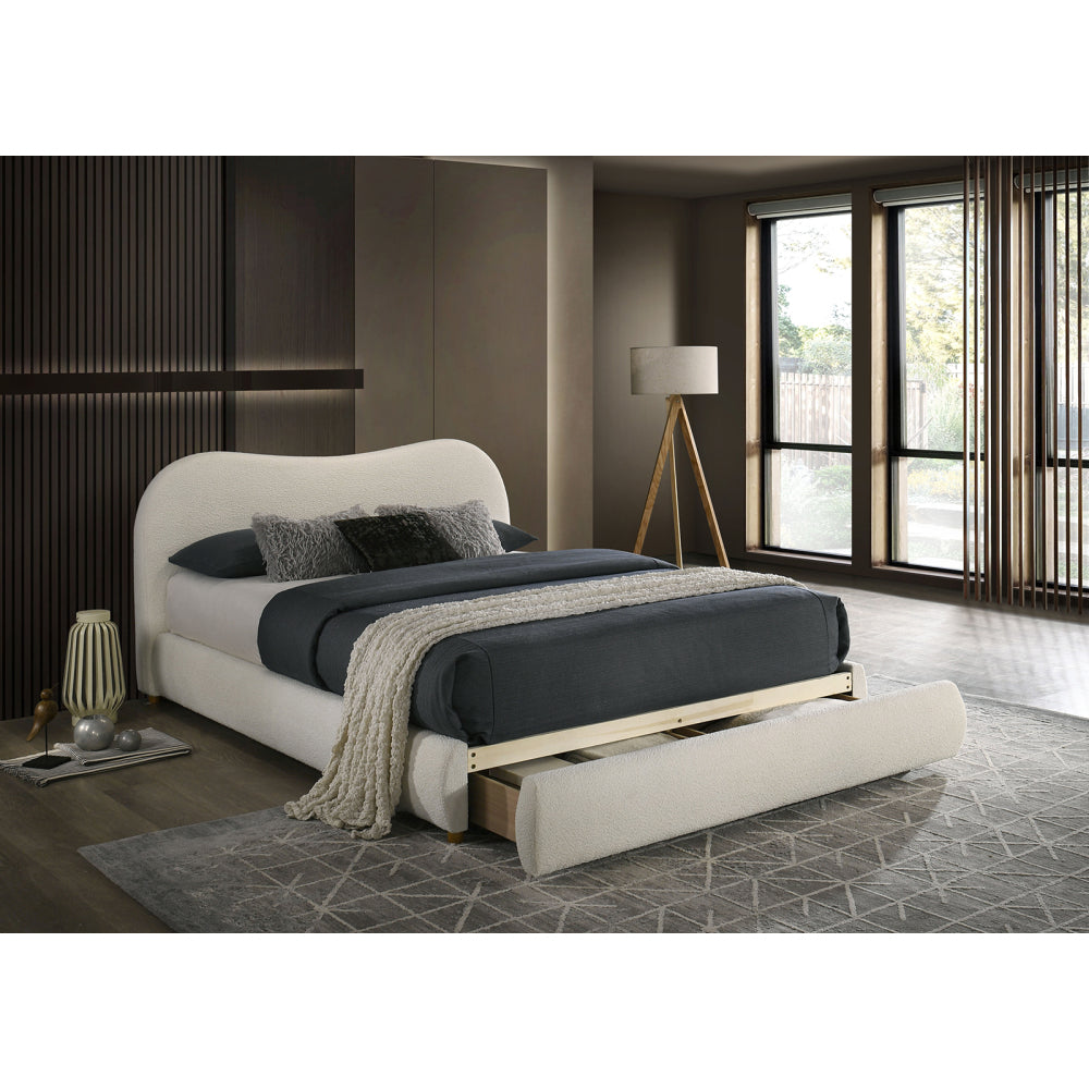 Queen Size Boucle Upholstered Platform Bed | Curved Cloud Headboard & Footboard Storage Drawer | Solid & Engineered Wood | Contemporary Style