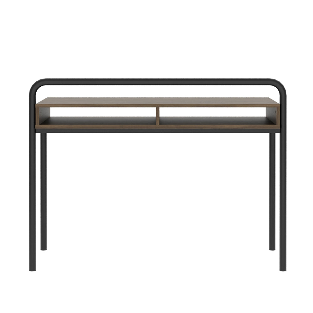 45.8" Modern Classic Writing Desk | Woodgrain Walnut MDF Top | Powder-Coated Steel Frame | 2 Under-Desk Open Shelves | Industrial Style | Part of Allure Collection | Home Office, Study Room | Walnut