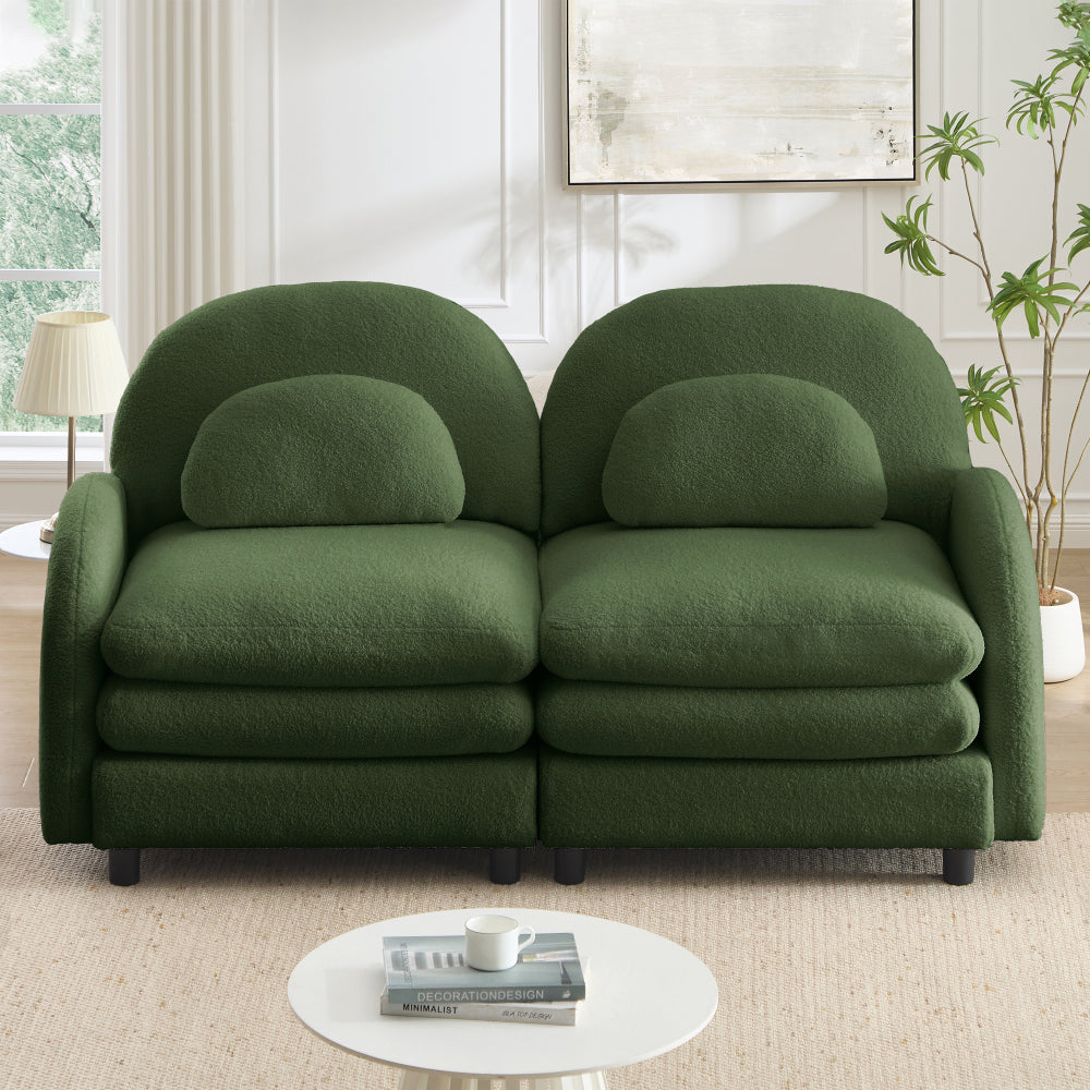 2-Seat Modular Teddy Fabric Cloud Sofa | Curved Backrest & Armrest | Double-Layer Cushion | Vintage Color Options | Precision Screw Connectors | Easy Assembly | Beige White / Green / Orange / Caramel