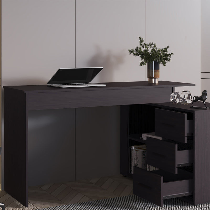 Wenge L-Shaped Desk with 3 Drawers and Storage Space — 54.1" W x 39.9" D x 29.5" H | Modern Computer Desk | Pedestal Base | Spacious Work Surface | Under-Desk Storage | Particle Board | Office, Home Office & Study Room | Wenge