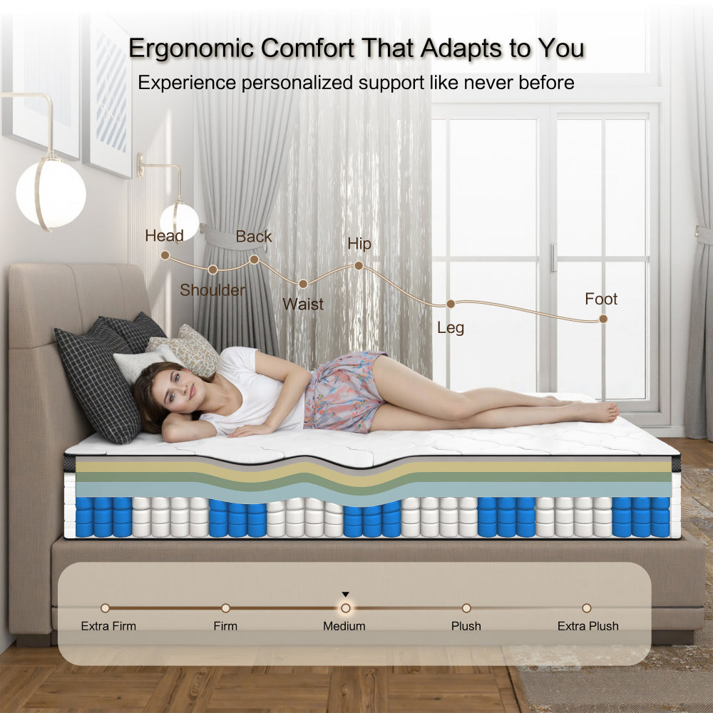 12" Full/Queen Hybrid Mattress | Individually Wrapped Pocket Coil Innerspring + Memory Foam | Bamboo Fiber Cover | Medium Firm | CertiPUR-US & OEKO-TEX Certified | Bedroom