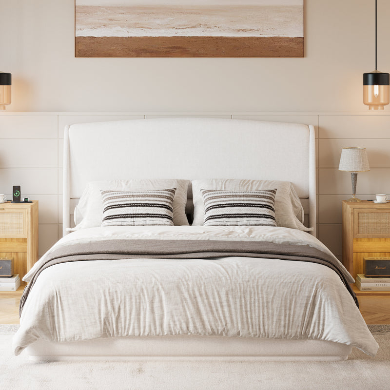 Queen Size Linen Upholstered Platform Bed | Curved Wingback Headboard | Fully Upholstered Frame | Solid Wood & Reinforced Slats | No Box Spring Needed | Easy Assembly | Beige / Brown