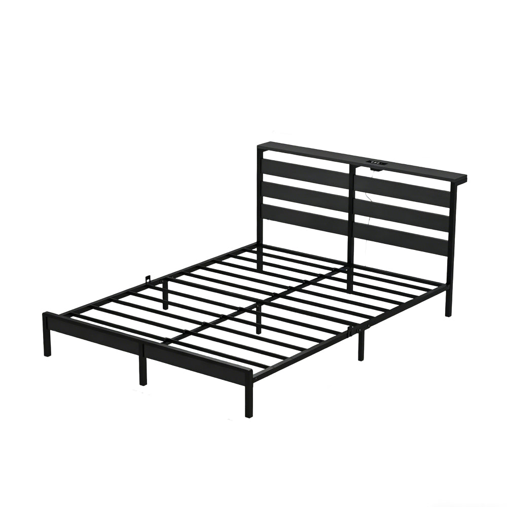 Full Size Metal Platform Bed | Wooden Headboard with USB Charging Station & LED Lights | Under-Bed Storage | 600 lbs Heavy Duty | No Box Spring Needed | Easy Assembly | Black