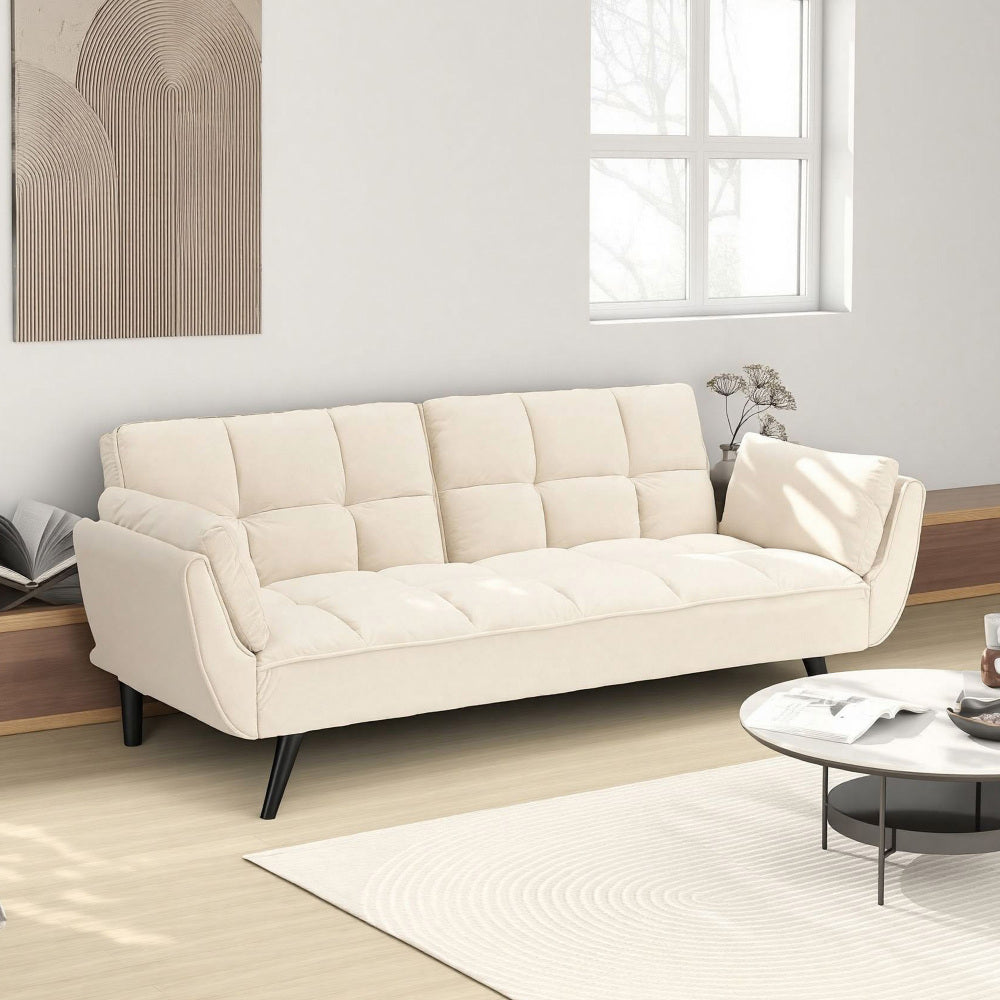 74" 2-Seat Convertible Sofa Bed | 3 Adjustable Backrest Positions | Tufted Polyester Blend | Adjustable to 180° Flat Bed | Easy Leg Assembly | Apartment Small Space | Black / Beige