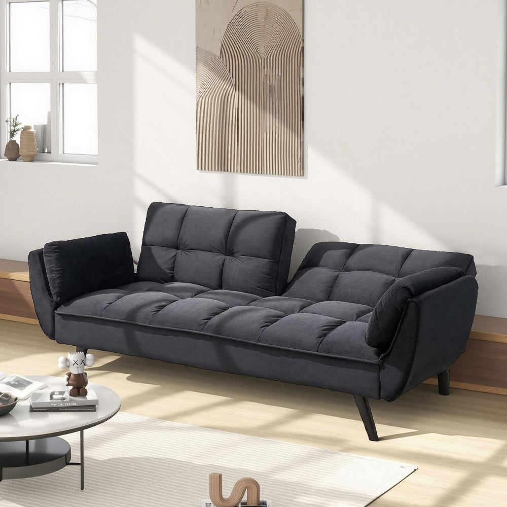 74" 2-Seat Convertible Sofa Bed | 3 Adjustable Backrest Positions | Tufted Polyester Blend | Adjustable to 180° Flat Bed | Easy Leg Assembly | Apartment Small Space | Black / Beige