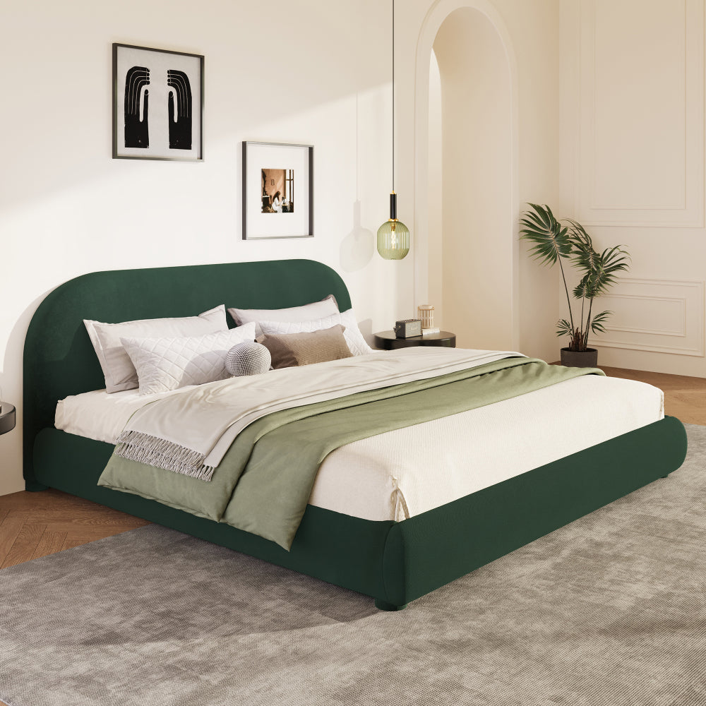 Queen/King Size Boucle Upholstered Platform Bed | Curved Ergonomic Headboard | Granular Fabric Texture | 800 lbs Heavy Duty | No Box Spring Needed | 40-Min Assembly | Cream / Green