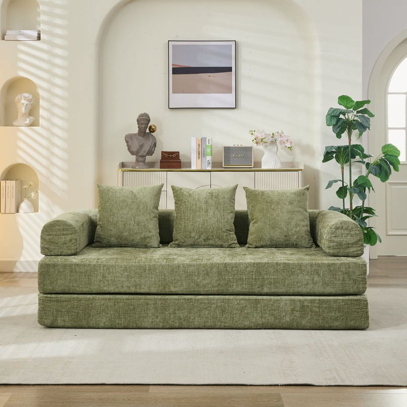 78.8" Convertible Folding Floor Sofa Bed | Chenille Couch with Foldable Armrests | Sponge + Spring Support | 3-Tiered Space-Saving Design | Free Pillows Included | Anti-Slip Base | No Assembly | Living Room, Bedroom, Studio | Green/Beige/Blue/Gray/Or