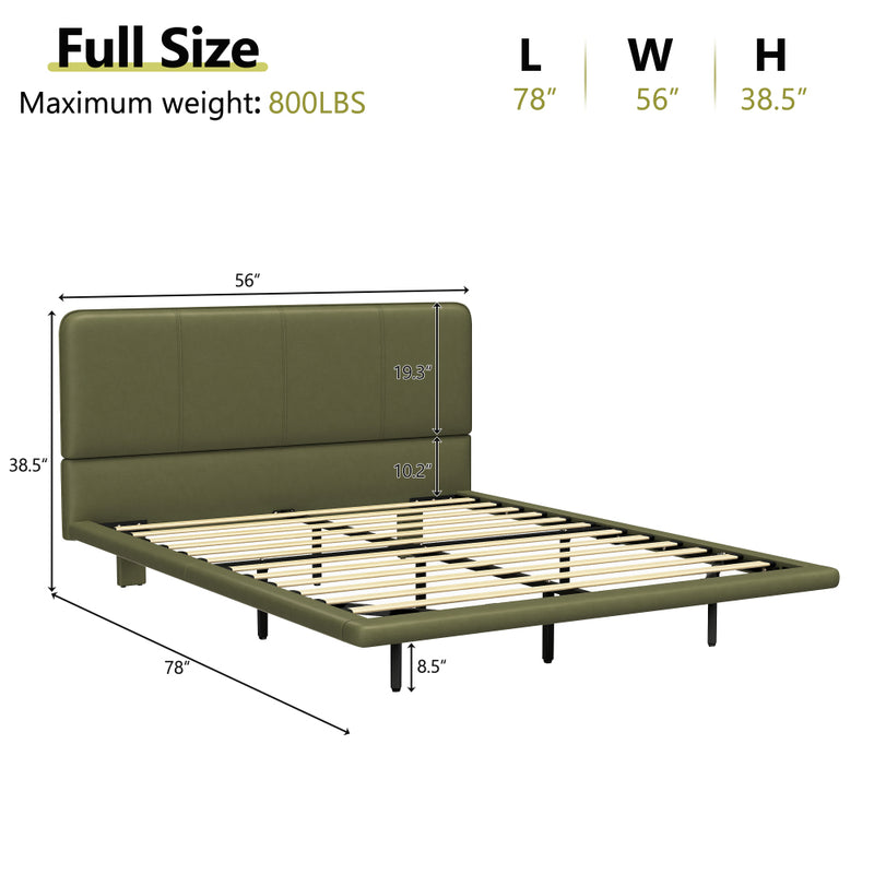 Full Size Floating PU Leather Platform Bed | Remote-Controlled LED Underglow 8 Dynamic Effects | Hidden Foot Design | Strong Wood Beam & Metal Legs | No Box Spring Needed | Easy Assembly | Green / Coffee