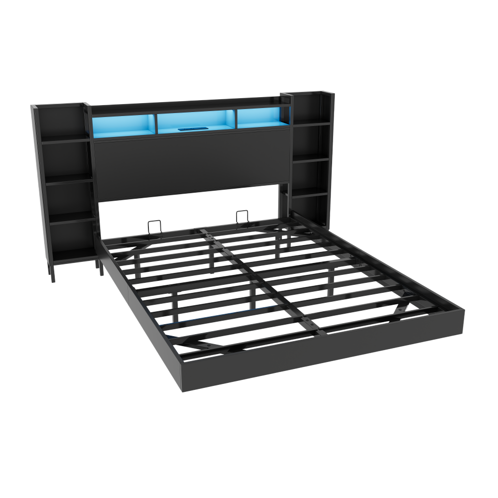 Full/Twin Size Floating Platform Bed | Bookcase Storage Headboard with LED Lights | 2 Outlets 1 USB 1 Type-C Charging | 4-Tier Side Shelves | 1000 lbs Heavy Duty Metal | No Box Spring | Black