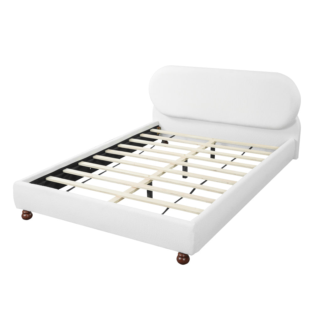 Queen/King Size Cream Boucle Upholstered Platform Bed | Smooth Curved Design | Gourd-Shaped Rubberwood Legs | 800 lbs Heavy Duty | No Box Spring Needed | 30-40 Min Assembly | White/Cream