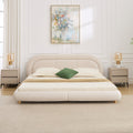 King Size Low Profile Platform Bed | Curved Rounded Velvet Headboard | 550 lbs | Solid Wood & Metal Frame | 13 Slats | No Box Spring | Beige/Green