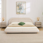 King Size Low Profile Platform Bed | Curved Rounded Velvet Headboard | 550 lbs | Solid Wood & Metal Frame | 13 Slats | No Box Spring | Beige/Green