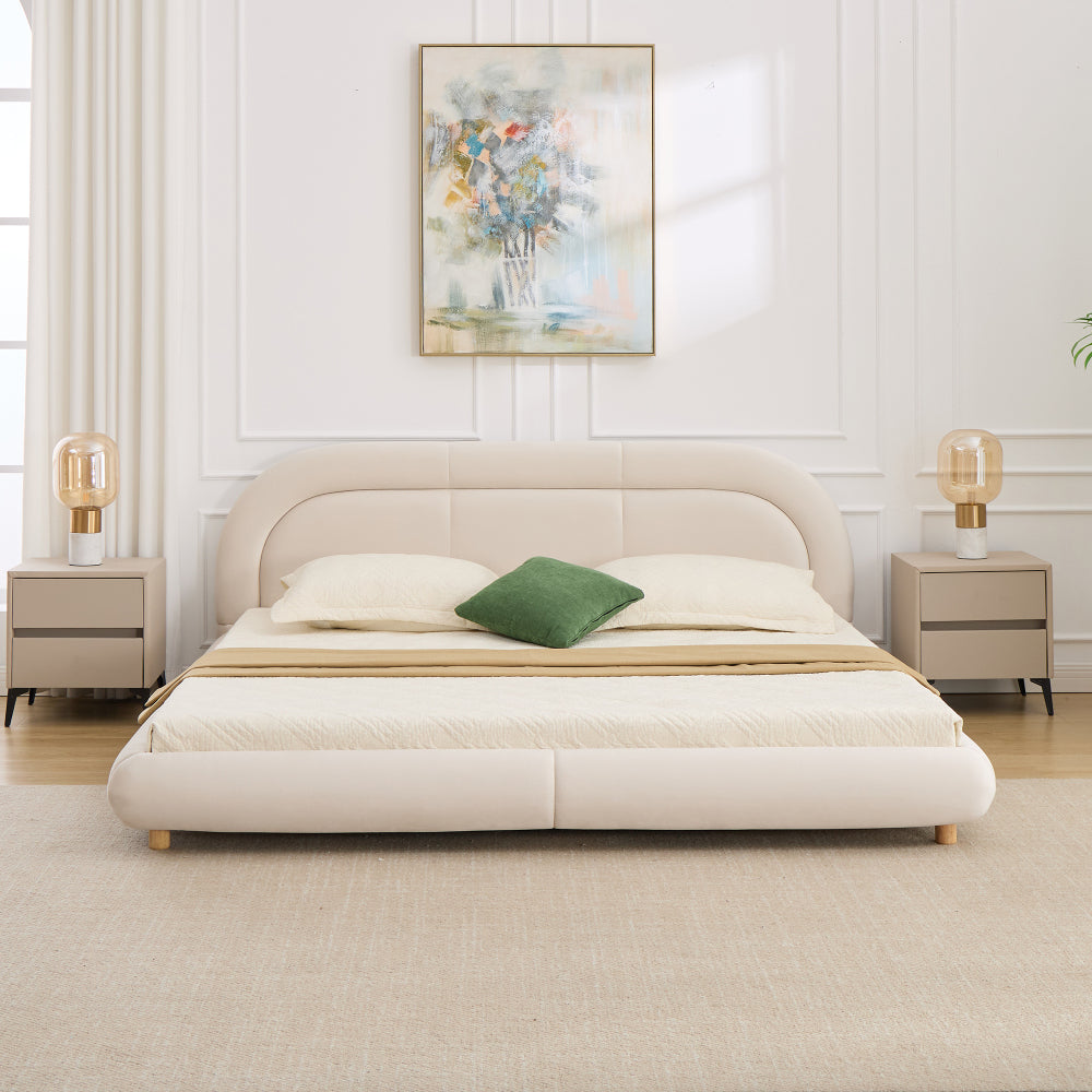 King Size Low Profile Platform Bed | Curved Rounded Velvet Headboard | 550 lbs | Solid Wood & Metal Frame | 13 Slats | No Box Spring | Beige/Green