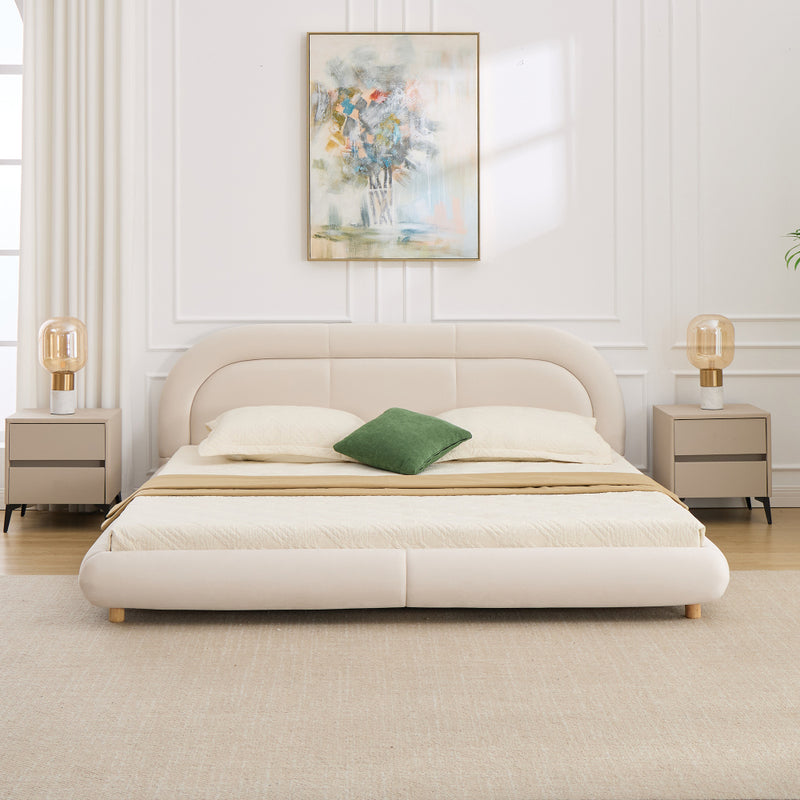 King Size Low Profile Platform Bed | Curved Rounded Velvet Headboard | 550 lbs | Solid Wood & Metal Frame | 13 Slats | No Box Spring | Beige/Green