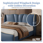 Queen Size PU Leather Wingback Platform Bed | Wave-Shaped Headboard & Footboard | 46.5" Tall Headboard | High-Resilience Sponge Fill | 800 lbs Wood Slats | No Box Spring Needed | Dark Green / Black / Antique Blue