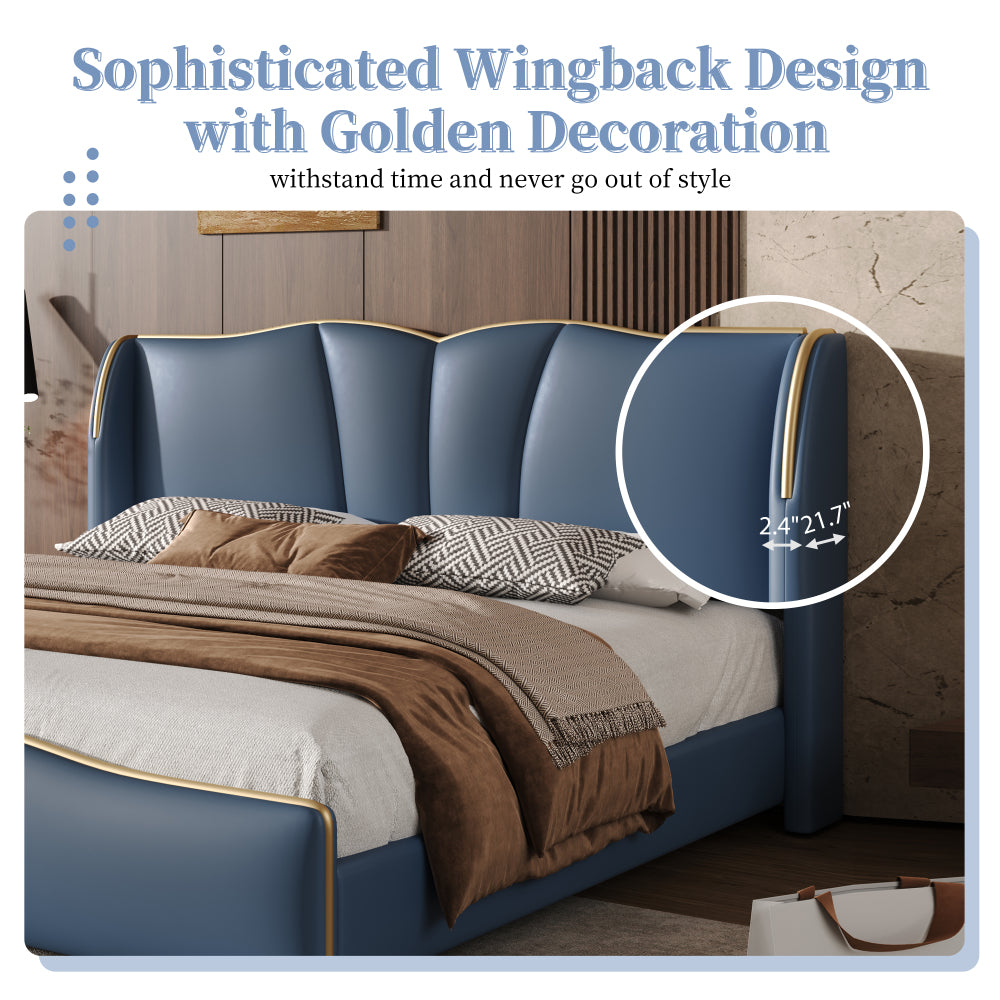Queen Size PU Leather Wingback Platform Bed | Wave-Shaped Headboard & Footboard | 46.5" Tall Headboard | High-Resilience Sponge Fill | 800 lbs Wood Slats | No Box Spring Needed | Dark Green / Black / Antique Blue