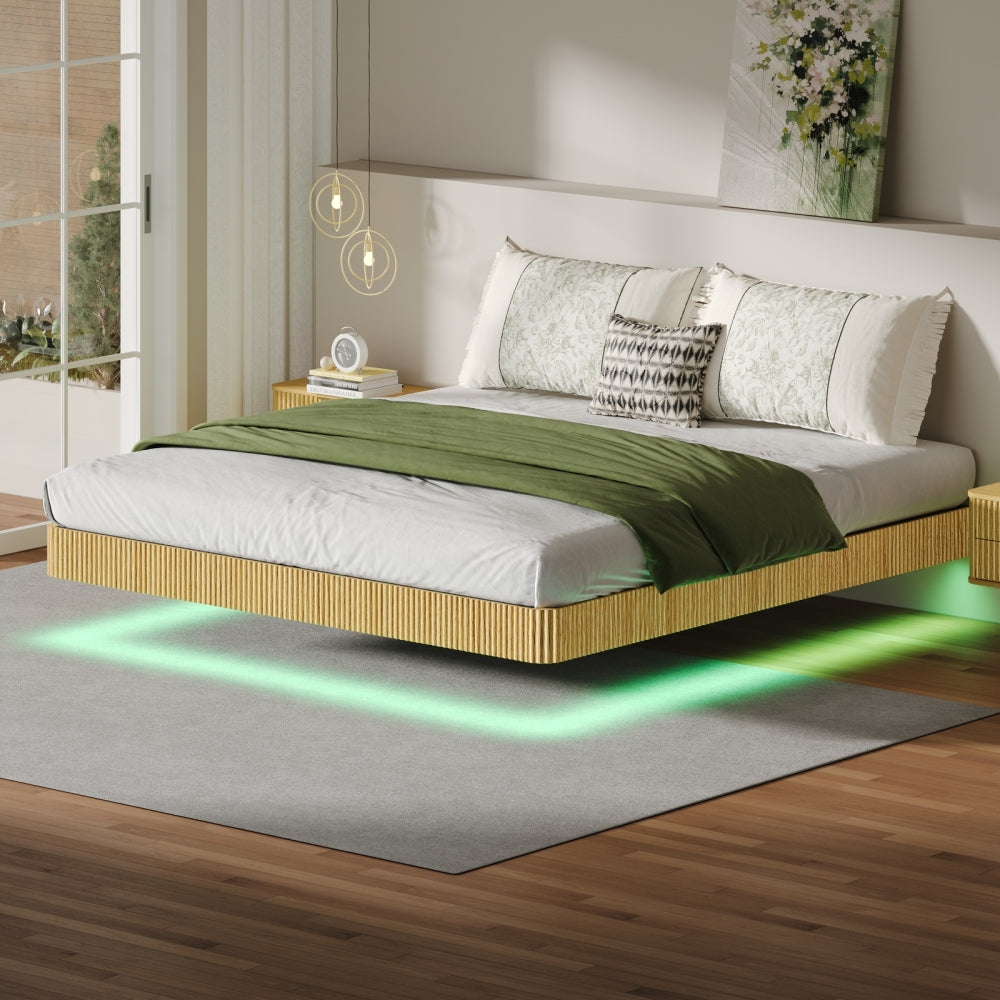 Oak King Floating Bed Frame with LED Lights