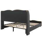 Queen Size PU Leather Wingback Platform Bed | Wave-Shaped Headboard & Footboard | 46.5" Tall Headboard | High-Resilience Sponge Fill | 800 lbs Wood Slats | No Box Spring Needed | Dark Green / Black / Antique Blue