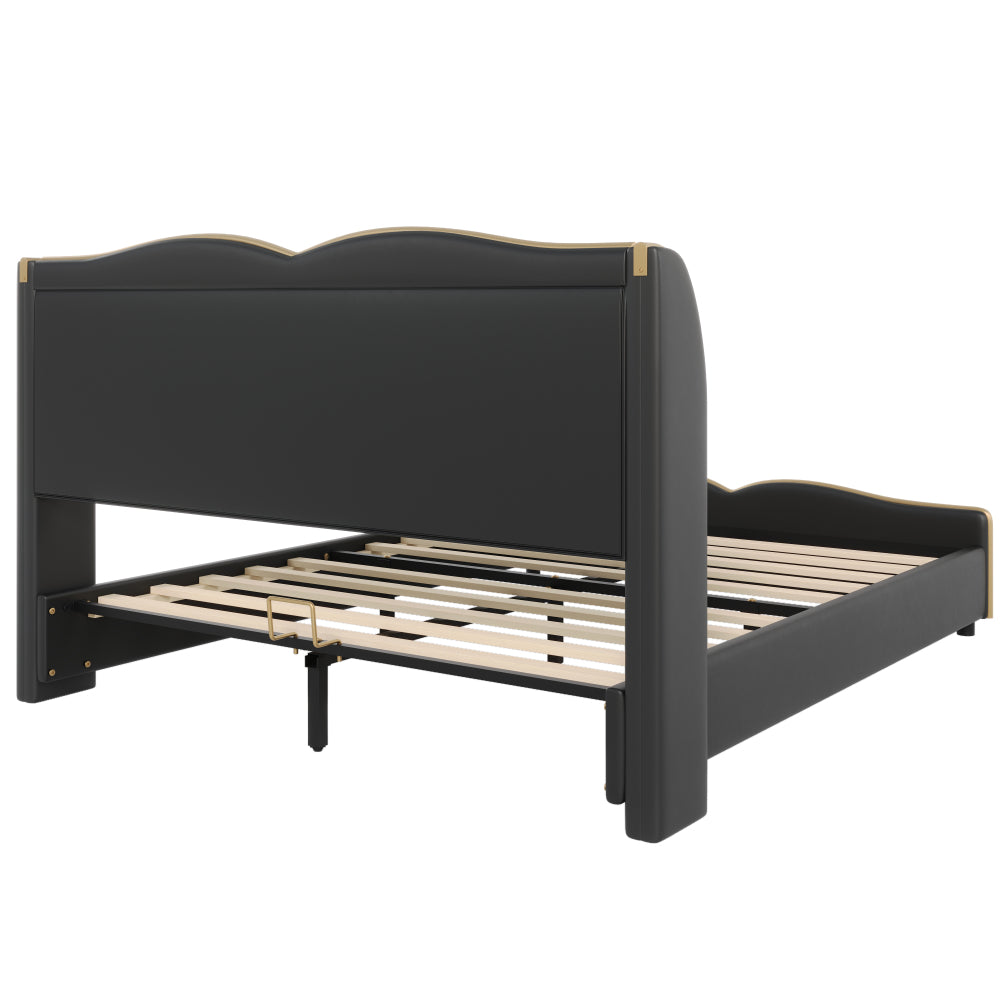 Queen Size PU Leather Wingback Platform Bed | Wave-Shaped Headboard & Footboard | 46.5" Tall Headboard | High-Resilience Sponge Fill | 800 lbs Wood Slats | No Box Spring Needed | Dark Green / Black / Antique Blue