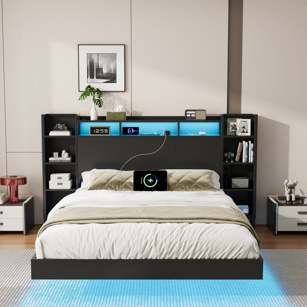 Full/Twin Size Floating Platform Bed | Bookcase Storage Headboard with LED Lights | 2 Outlets 1 USB 1 Type-C Charging | 4-Tier Side Shelves | 1000 lbs Heavy Duty Metal | No Box Spring | Black
