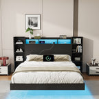 Full/Twin Size Floating Platform Bed | Bookcase Storage Headboard with LED Lights | 2 Outlets 1 USB 1 Type-C Charging | 4-Tier Side Shelves | 1000 lbs Heavy Duty Metal | No Box Spring | Black