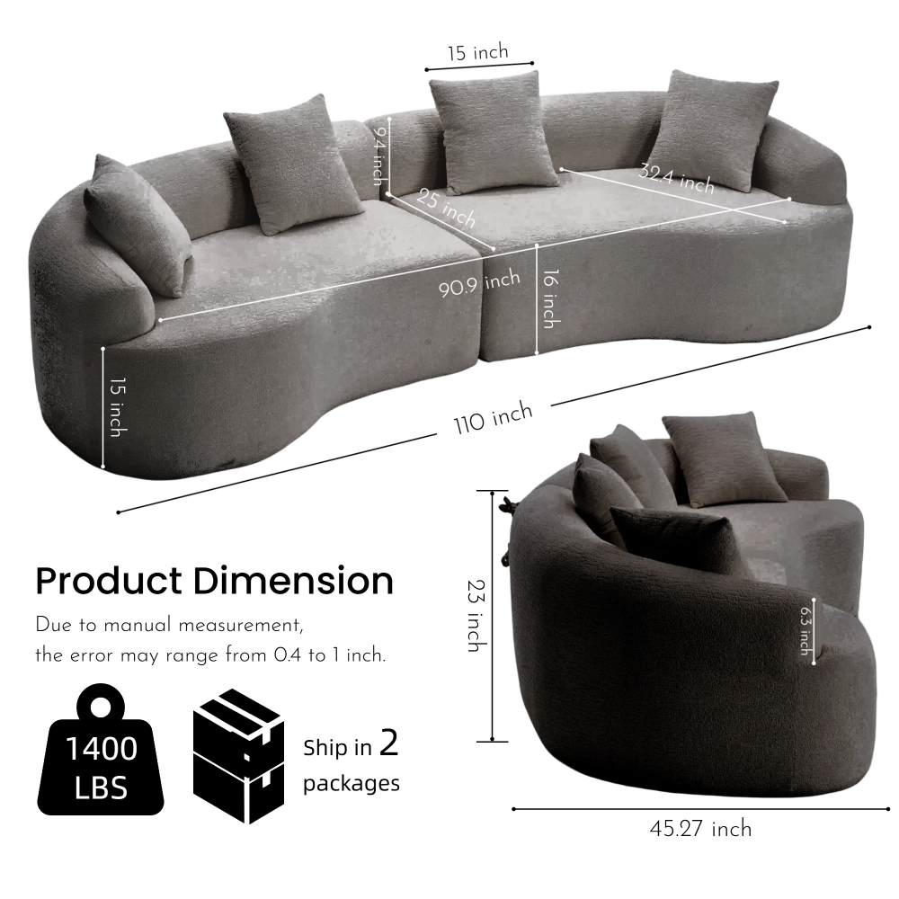 110" Curved Boneless Sectional Sofa 4-Seat | Chenille Upholstery | High-Density Foam & Spring | Flared Arms Pillow Back | No Assembly Required | Child & Pet Friendly | White/Gray/Beige/Green/Orange/Navy/Caramel/Black
